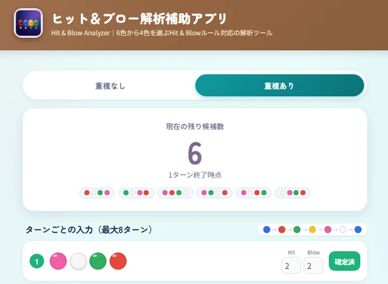 決勝第2ゲーム、Hit & Blow Analyzerの解析結果。1ターン目終了時点で候補が6通りまで絞り込まれている