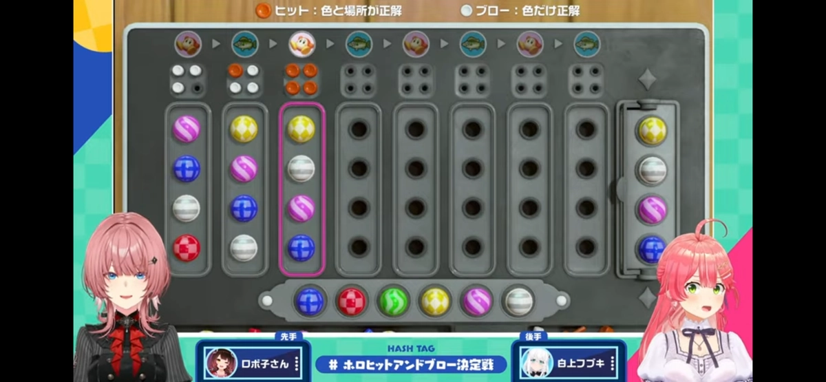 試合5：ロボ子さん vs 白上フブキさんの対局、3ターン目に4Hitで決着した時点の盤面