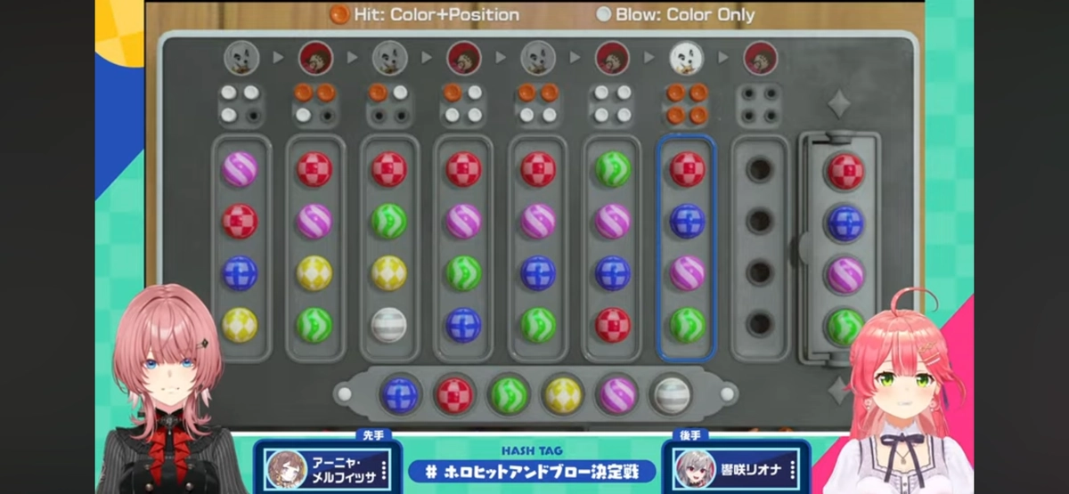 試合6：アーニャ・メルフィッサさん vs 響咲リオナさんの対局、7ターン目に4Hitで決着した時点の盤面