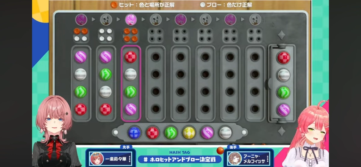 決勝第2ゲーム、一条莉々華さん vs アーニャ・メルフィッサさんの対局、3ターン目に4Hitで決着した時点の盤面