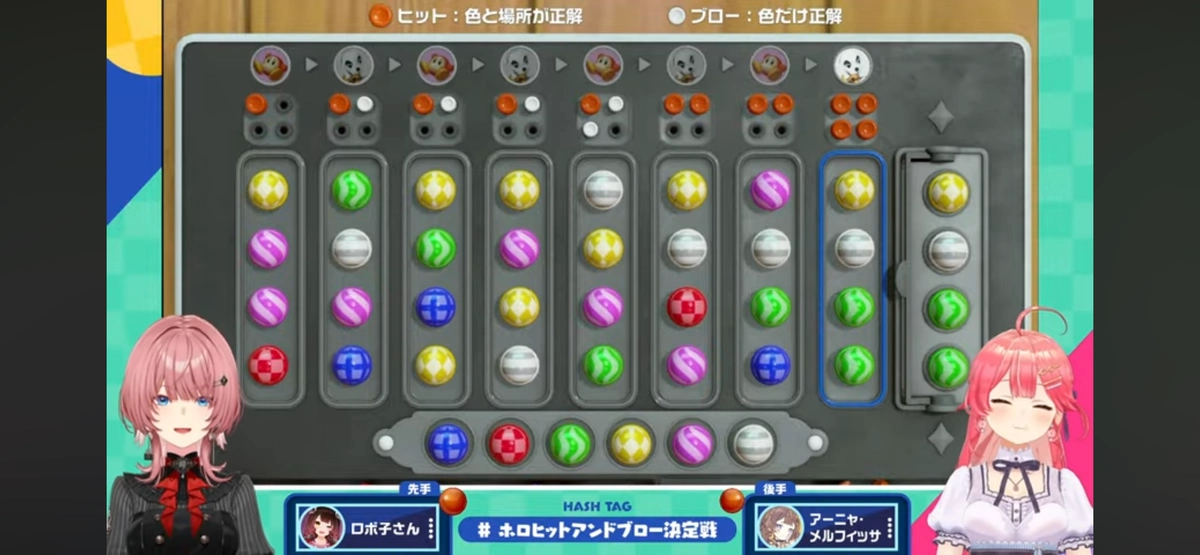 準決勝第1試合第3ゲーム、ロボ子さん vs アーニャ・メルフィッサさんの対局、8ターン目に4Hitで決着した時点の盤面