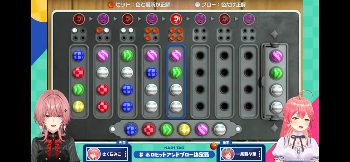 準決勝第2試合第2ゲーム、さくらみこさん vs 一条莉々華さんの対局、5ターン目に4Hitで決着した時点の盤面